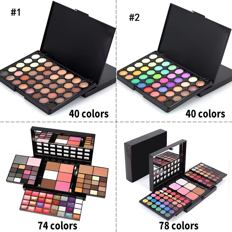 40/74/78 Color Glitter Eyeshadow Palette - Matte, Waterproof, Long-Lasting Pressed Powder Cosmetics Kit for Women